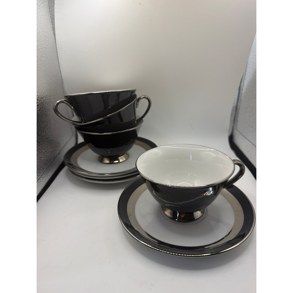 [Set of 4] Gemini Fine China Japan 3515 CUPS &SAUCERS White/BLACK PLATINUM READ!
